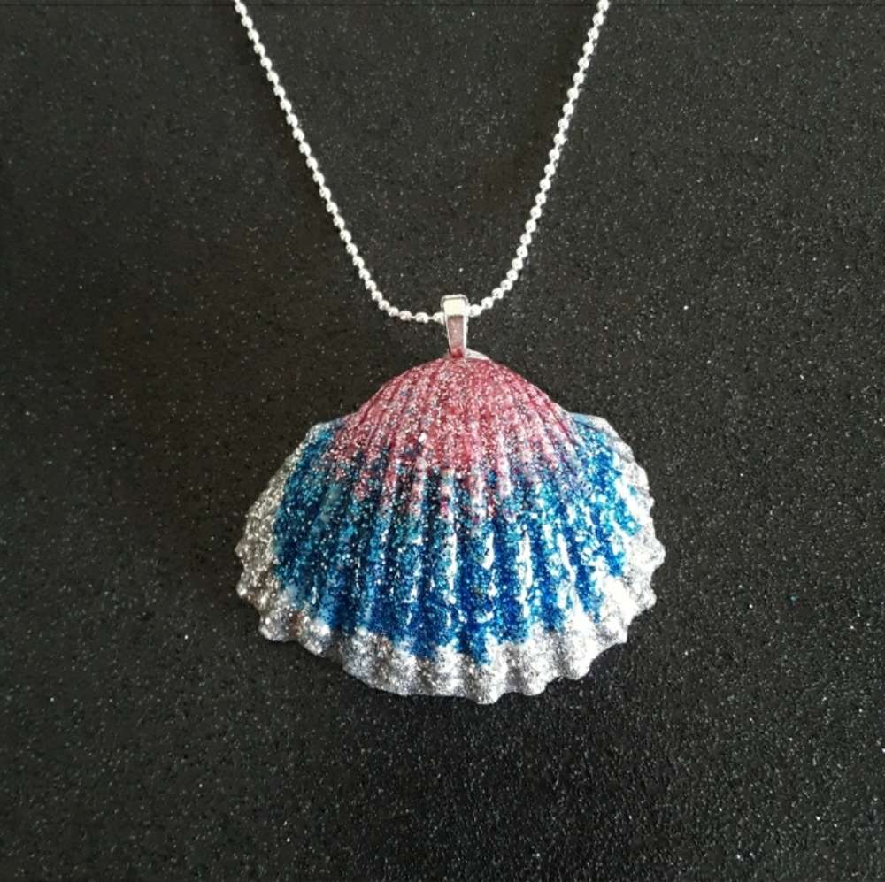 Handpainted blue pink and silver glitter seashell pendant on 20" silver necklace